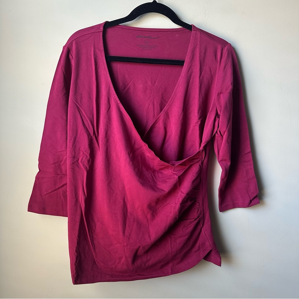 Eddie Bauer Womens Large Pima Cotton Spandex Surplice Wrap 3/4 Sleeve Top